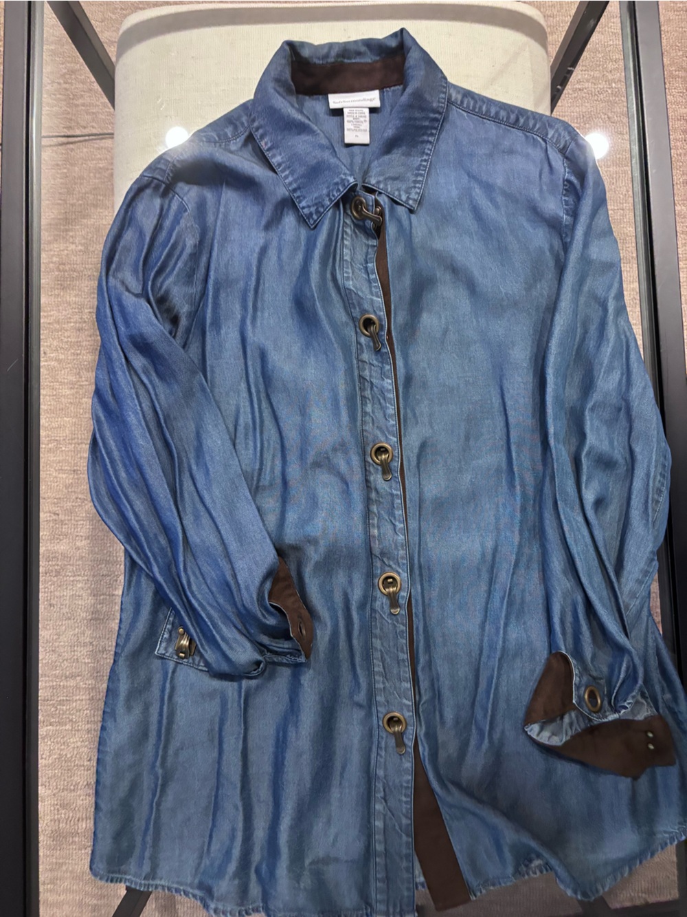 Soft Surroundings Washed Blue Button-Down Shirt with Brown suede Trim clasp